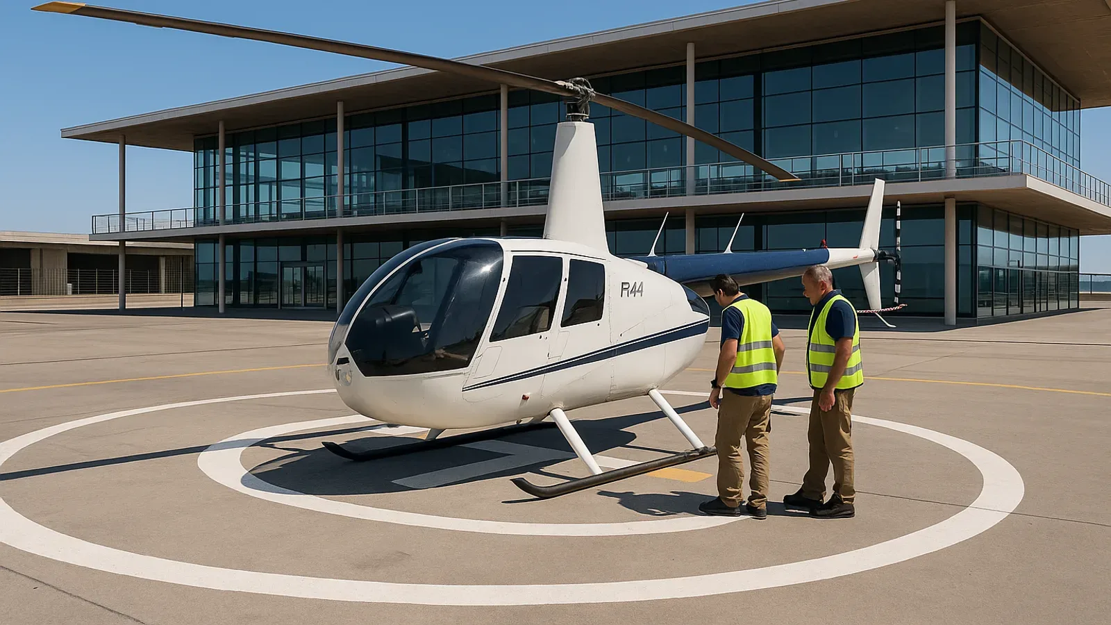 Robinson R44 helicopter parked on the tarmac beside the Port Vell passenger terminal