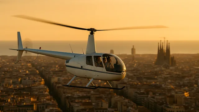 Helicopter flying over Barcelona at golden hour with the Sagrada Família in the distance