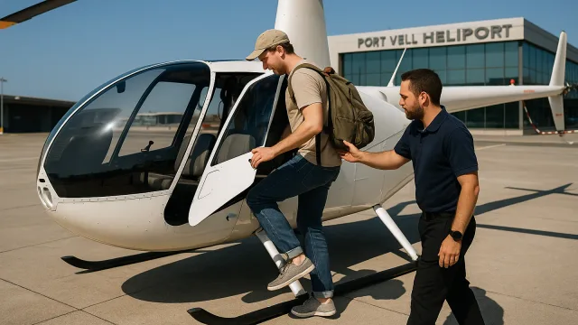 Passenger boarding a helicopter at the Port Vell heliport in Barcelona before a sightseeing flight