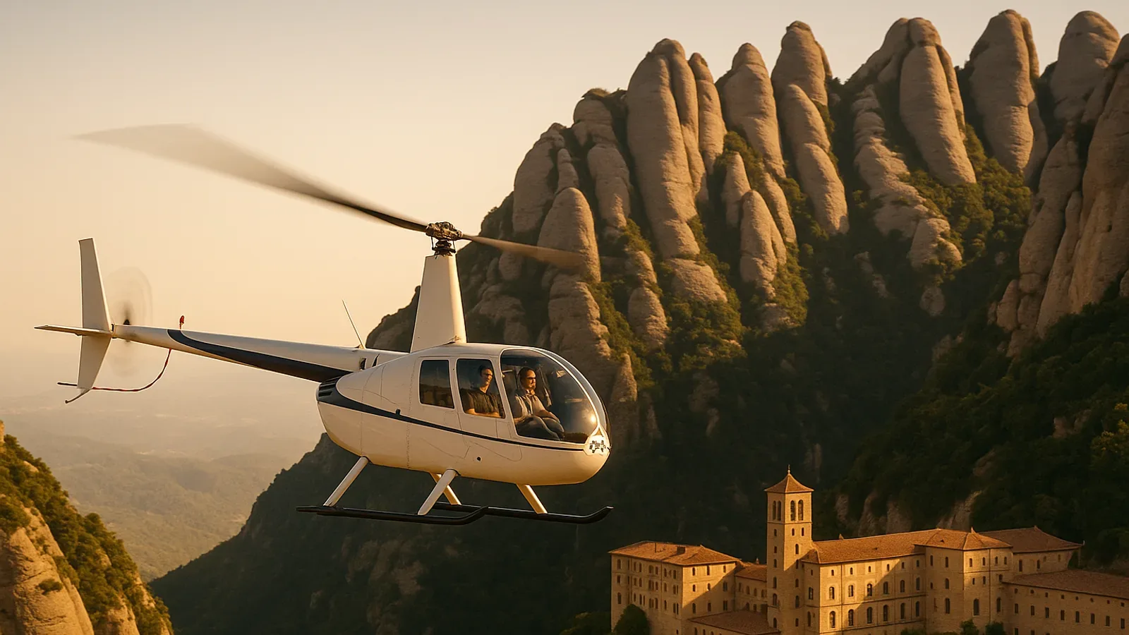 Helicopter approaching the Montserrat massif and monastery from the air