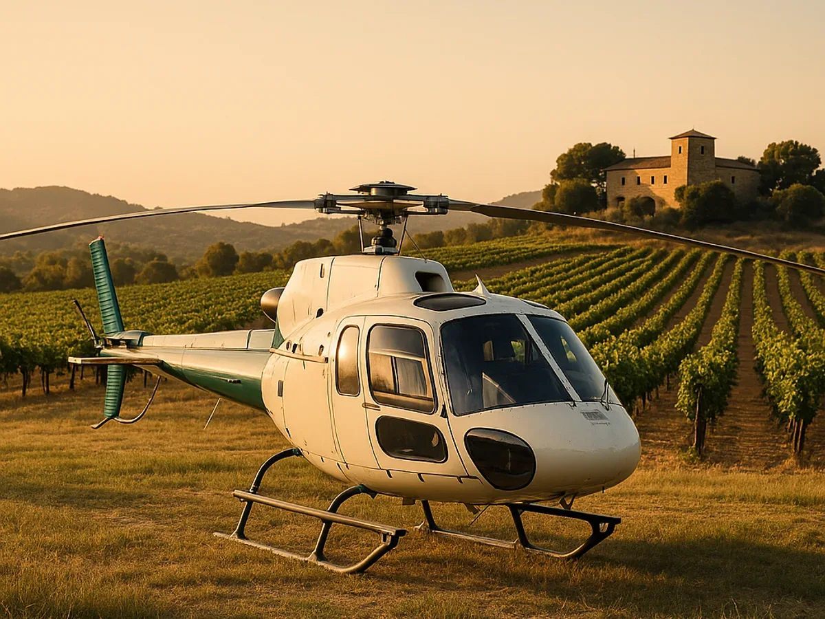 Helicopter parked beside a Catalan vineyard during a private charter flight