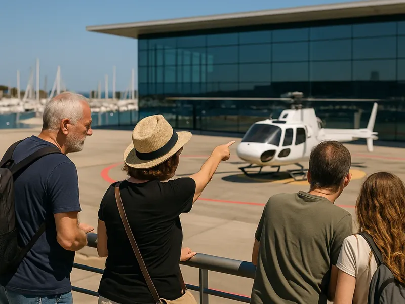 Passengers on the viewing terrace at the Barcelona heliport terminal watching a helicopter